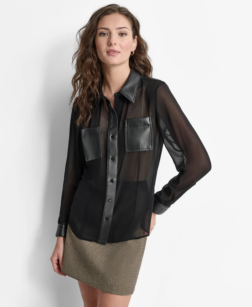 Dkny Women's Sheer Mixed-Media Button-Front Long-Sleeve Top