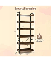 Skonyon 6-Tier Tall Industrial Bookcase with Open Shelves and 4 Hooks-Brown