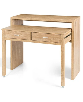 Extendable Computer Desk with Pull Out Secondary Desk-Natural