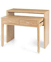 Extendable Computer Desk with Pull Out Secondary Desk-Natural