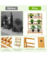 Costway Bamboo Ladder Plant Stand 3-Tier Foldable Flower Pot Display Shelf Rack