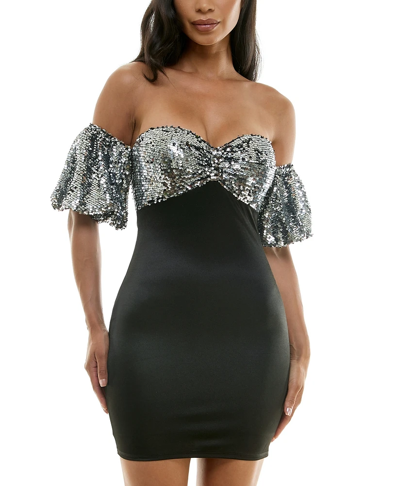 City Studios Juniors' Sequin Bandeau Bubble-Sleeve Dress