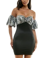 City Studios Juniors' Sequin Bandeau Bubble-Sleeve Dress