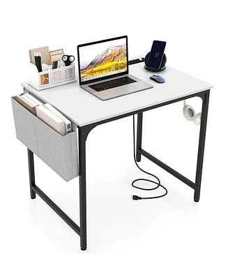 Costway 32" Computer Desk Small with Charging Station Storage Bag & Headphone Hook