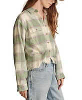 Lucky Brand Women's Cotton Raw Edge Plaid Cropped Button Down Top