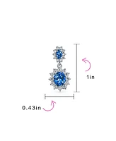 Bling Jewelry Crown Halo Oval Cubic Zirconia Small Royal Blue Cz Fashion Dangle Drop Earrings For Prom smaid Rhodium Plated