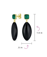 Bling Jewelry Unique Linear Malachite Black Natural Onyx Rhombus Shape Square Multi- Party Dangling Earrings For Women in Gold Plated