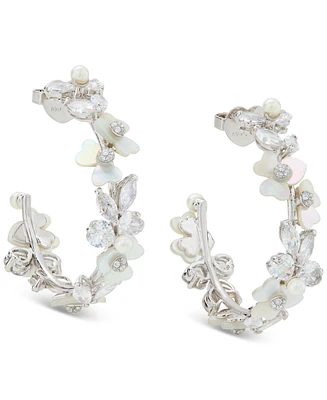 Kate Spade New York Silver-Tone Medium Cubic Zirconia, Imitation Pearl & Mother-of-Pearl Flower C-Hoop Earrings, 1.63"