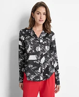 Dkny Women's Printed Button-Front Long-Sleeve Satin Blouse