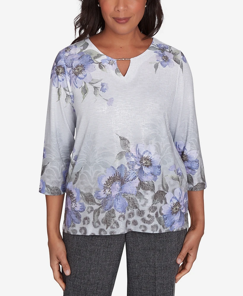 Alfred Dunner Petite Worth Avenue Beaded Split Neck Floral Shimmer Top