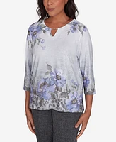 Alfred Dunner Petite Worth Avenue Beaded Split Neck Floral Shimmer Top