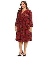 London Times Plus Paisley V-Neck Long-Sleeve Midi Dress