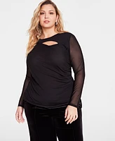 I.n.c. International Concepts Plus Mesh Cutout Long-Sleeve Top, Created for Macy's