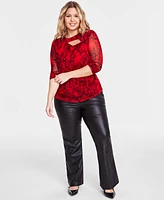 I.n.c. International Concepts Plus Printed Mesh Cutout Long-Sleeve Top, Created for Macy's