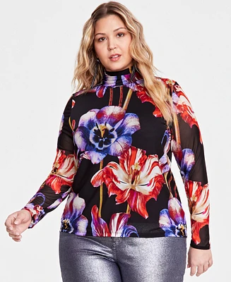 I.n.c. International Concepts Plus Floral-Print Mesh Turtleneck, Created for Macy's