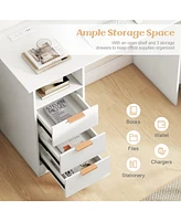Skonyon Home Office Desk with Power Outlet 3 Storage Drawers and Open Compartment-White
