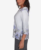 Alfred Dunner Petite Worth Avenue Beaded Split Neck Floral Shimmer Top