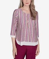 Alfred Dunner Petite Wine Country Metallic Stripe Necklace Top