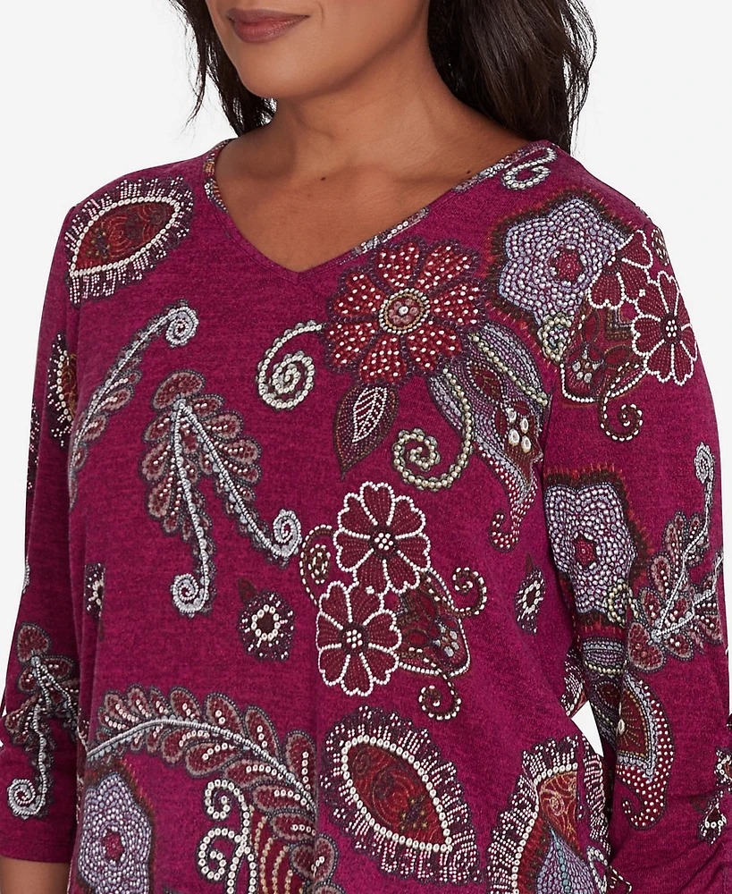 Alfred Dunner Petite Wine Country Floral V Neck Top with Three Quarter Drawstring Sleeves