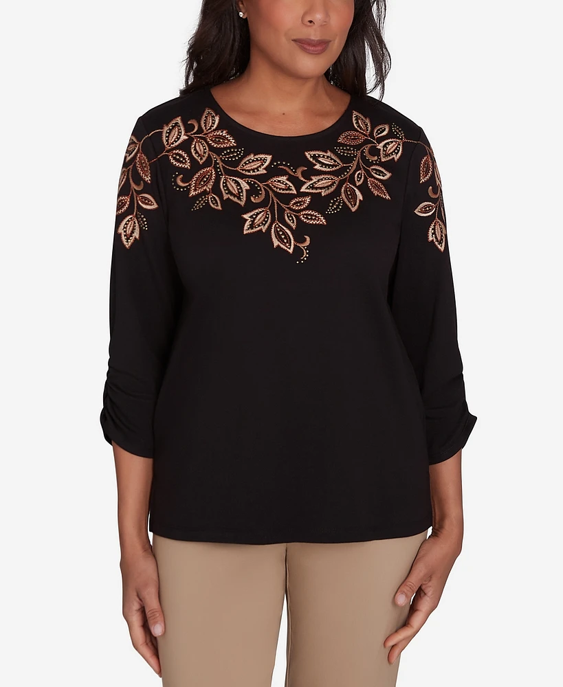 Alfred Dunner Petite Rue Rivoli Leaf Embroidered Sweater Top with Ruched Sleeves