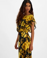 Connected Petite Printed Round-Neck Overlay Midi Dress