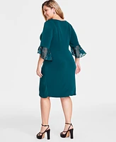 Connected Plus Size Lace-Cuff 3/4-Sleeve Chiffon Dress