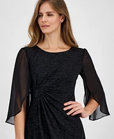 Connected Petite Round-Neck Cape-Sleeve Shimmer Dress