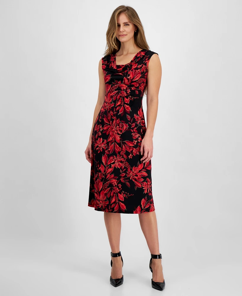 Connected Petite Printed Drape-Neck Sleeveless Dress