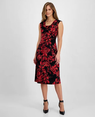 Connected Petite Printed Drape-Neck Sleeveless Dress