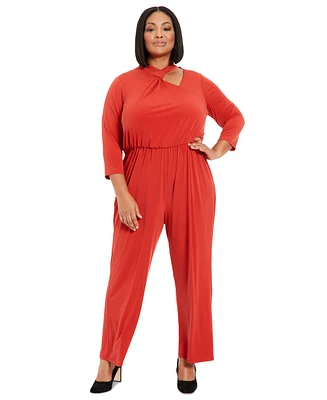 London Times Plus Size Looped-Neck 3/4-Sleeve Jumpsuit