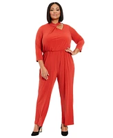 London Times Plus Looped-Neck 3/4-Sleeve Jumpsuit