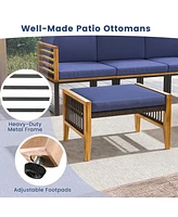 Skonyon Patio Acacia Wood Ottomans with Cushions and Versatile Rattan Woven Footstools-Navy