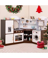 Costway Corner Play Kitchen with Ice Maker Microwave Oven for Kids 3+ Years Old Wooden Toy
