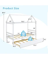 Gymax Twin House Bed Frame w/ Trundle Roof Wooden Platform Mattress Foundation Grey
