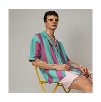 Campus Sutra Men's Mint Green & Plum Purple Balanced Striped Oversized Shirt