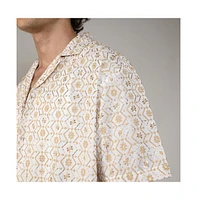 Campus Sutra Men's Off-White & Beige Embroidered Geometric Shirt