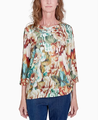 Alfred Dunner Petite Classics Earth Floral Crew Neck Top