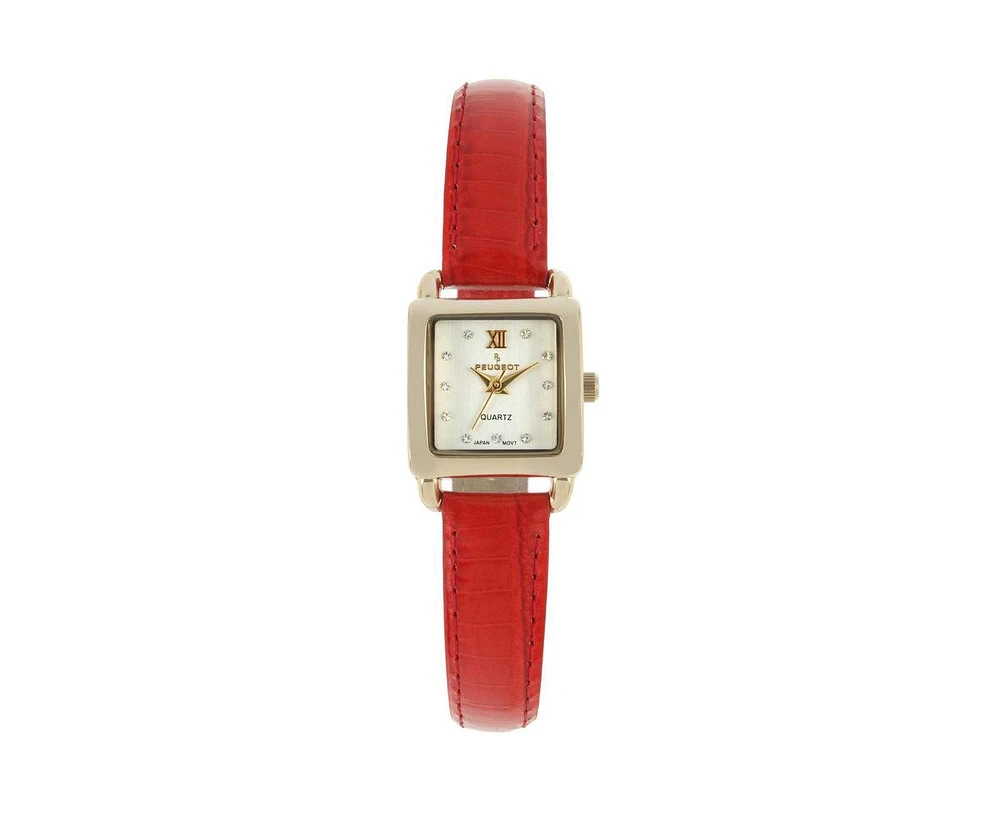 Peugeot Women's 20mm Square Watch with Glossy Red Leather Strap