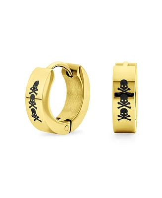 Bling Jewelry Biker Jewelry Small Halloween Skull Hoop Kpop Huggie Earrings For Women Gold Tone Stainless Steel - Gold