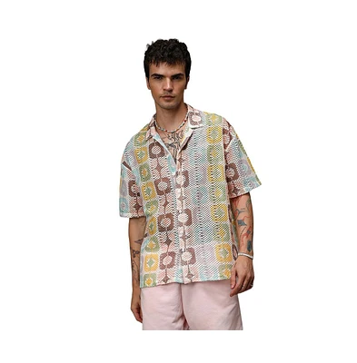 Campus Sutra Men's Lemon Yellow & Chocolate Brown Geometric Block Oversized Shirt