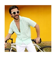 Men's Mint Green Embroidered Striped Shirt