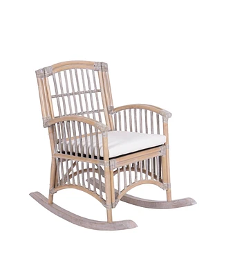Jonathan Y Swayze Bohemian Farmhouse Woven Rattan/Wood Rocking Chair, White Cushion with Gray/White Wash Frame