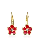 GiGiGirl 14k Yellow Gold Plated with Red Enamel and Cubic Zirconia Flower Dangle Earrings