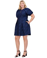 Vince Camuto Plus Puff-Sleeve Jacquard Fit & Flare Dress