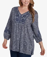 Ruby Rd. Plus Size Embroidered V-Neck Hatchi Spacedye Knit Top with Balloon Sleeves