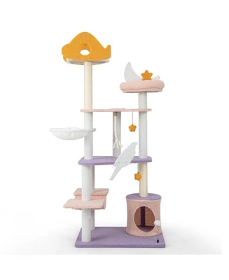 Skonyon 66 Inch Cute Cat Tree Cats Multi-level Tall Cat Tower with Sisal Covered Scratching Posts-Purple