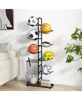Skonyon Metal Basketball Holder with 7 Removable Hanging Rods and Side Ball Basket