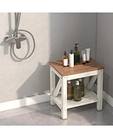Skonyon 2-tier Waterproof Shower Bench with Storage Shelf-Brown