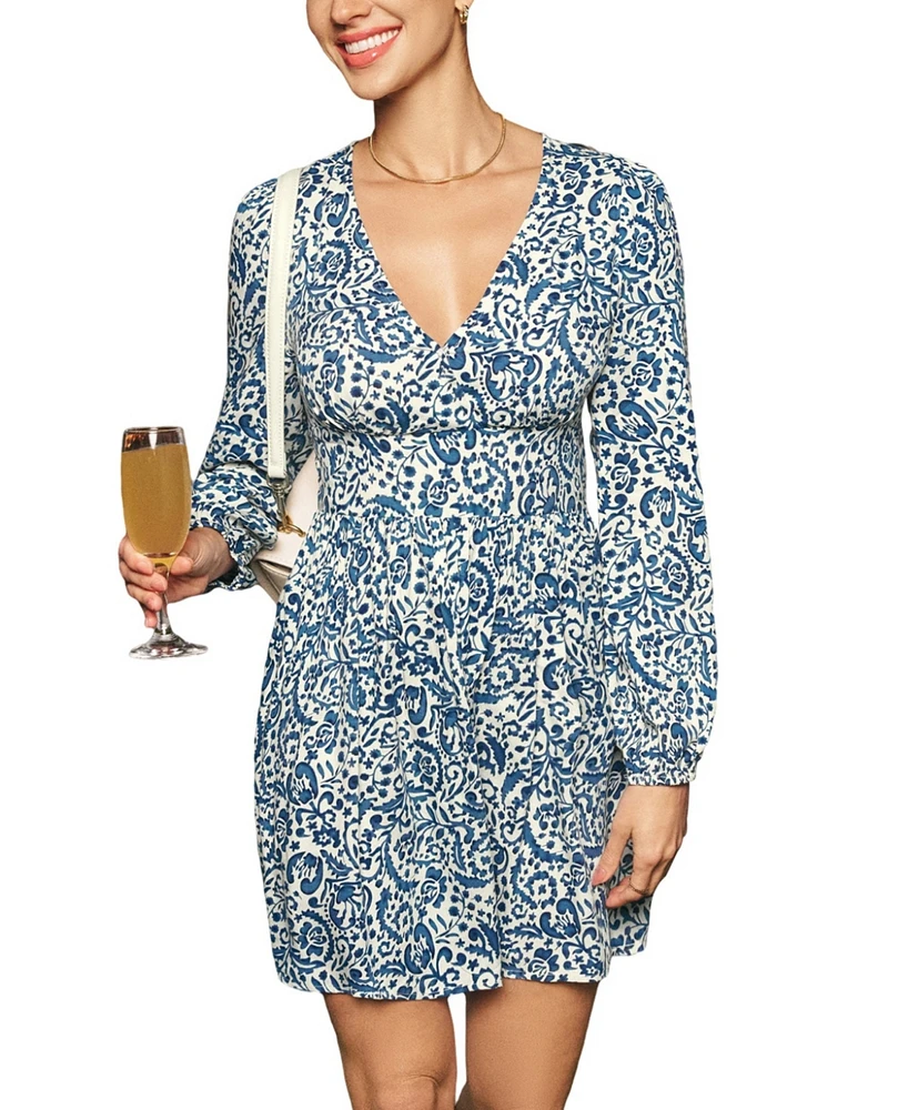 Cupshe Women's Floral V-Neck Long Sleeve Mini Beach Dress