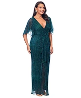 Betsy & Adam Plus Metallic Ruffle Long Gown